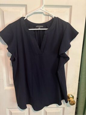 Adrianna Papell Navy Ruffle Sleeve V-Neck Blouse